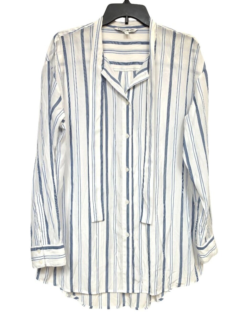 Elizabeth and James Blue White Striped Tie Neck Tunic Blouse L Long Sleeve